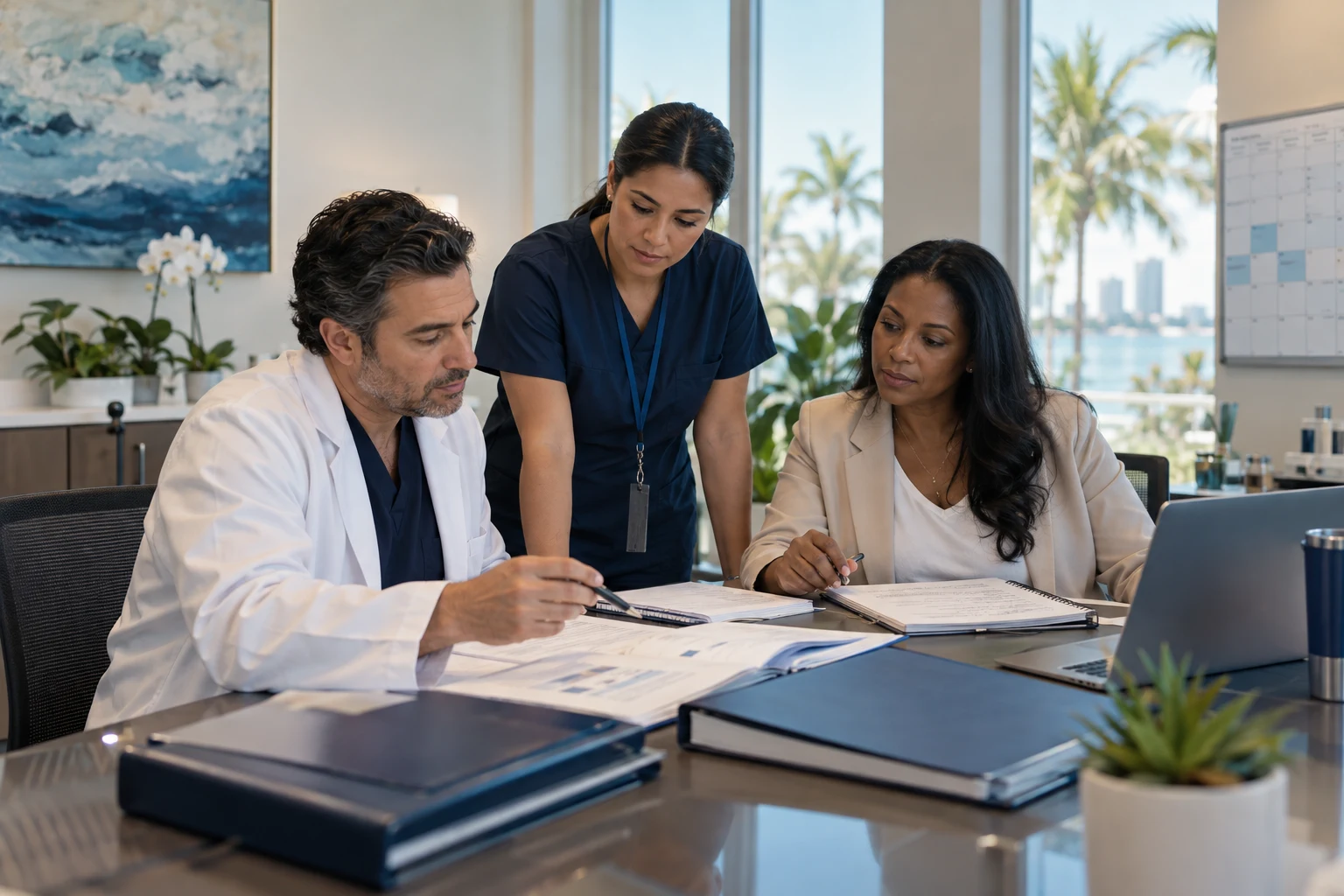 Clinical research team reviewing a realistic study feasibility plan before trial launch