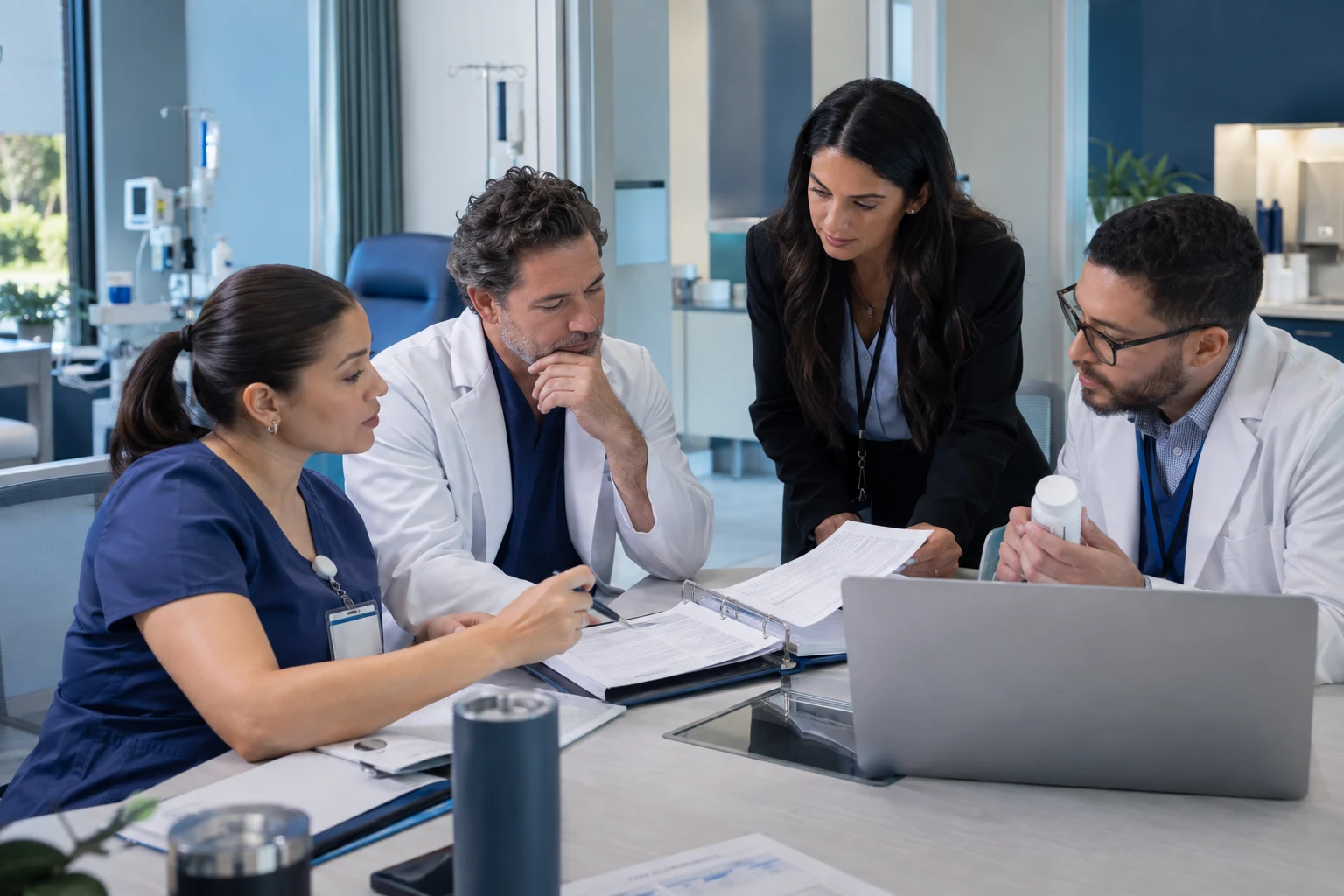 Clinical research team reviewing a first-in-human study startup plan in a modern research facility
