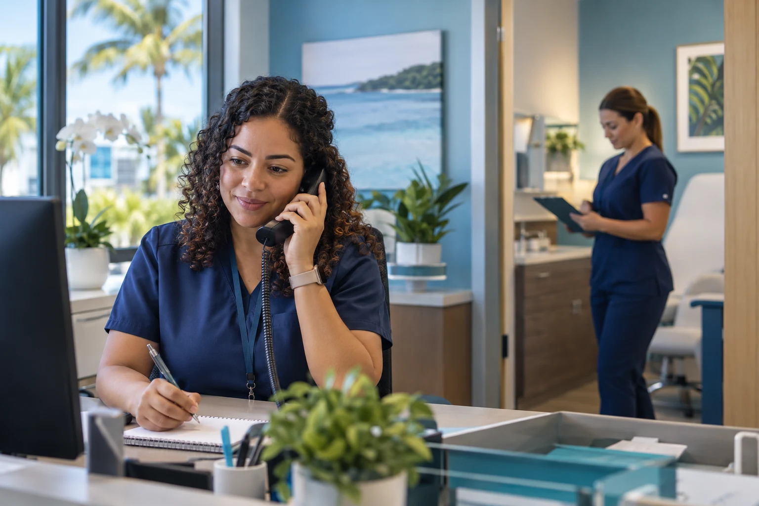 Clinical research coordinator speaking by phone with a prospective study participant in a community research clinic