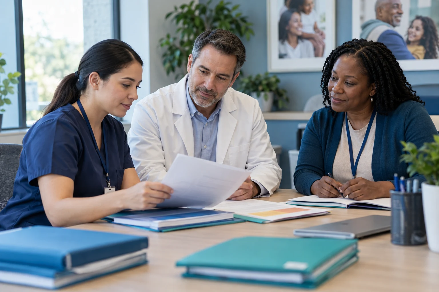 Clinical research coordinator reviewing a participant communication workflow with colleagues at a research site