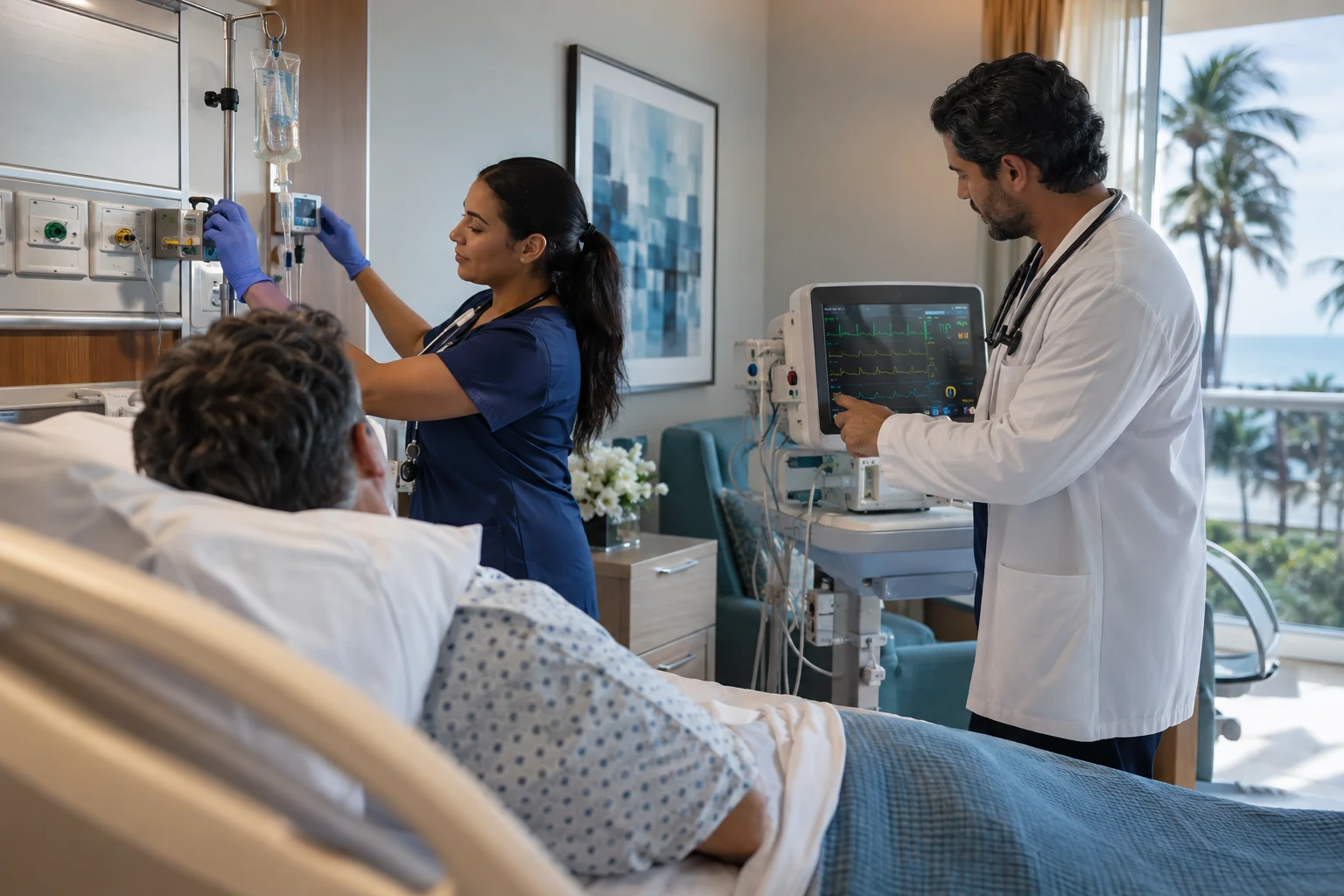Clinical research staff preparing a monitored inpatient room for a high-acuity early-phase study