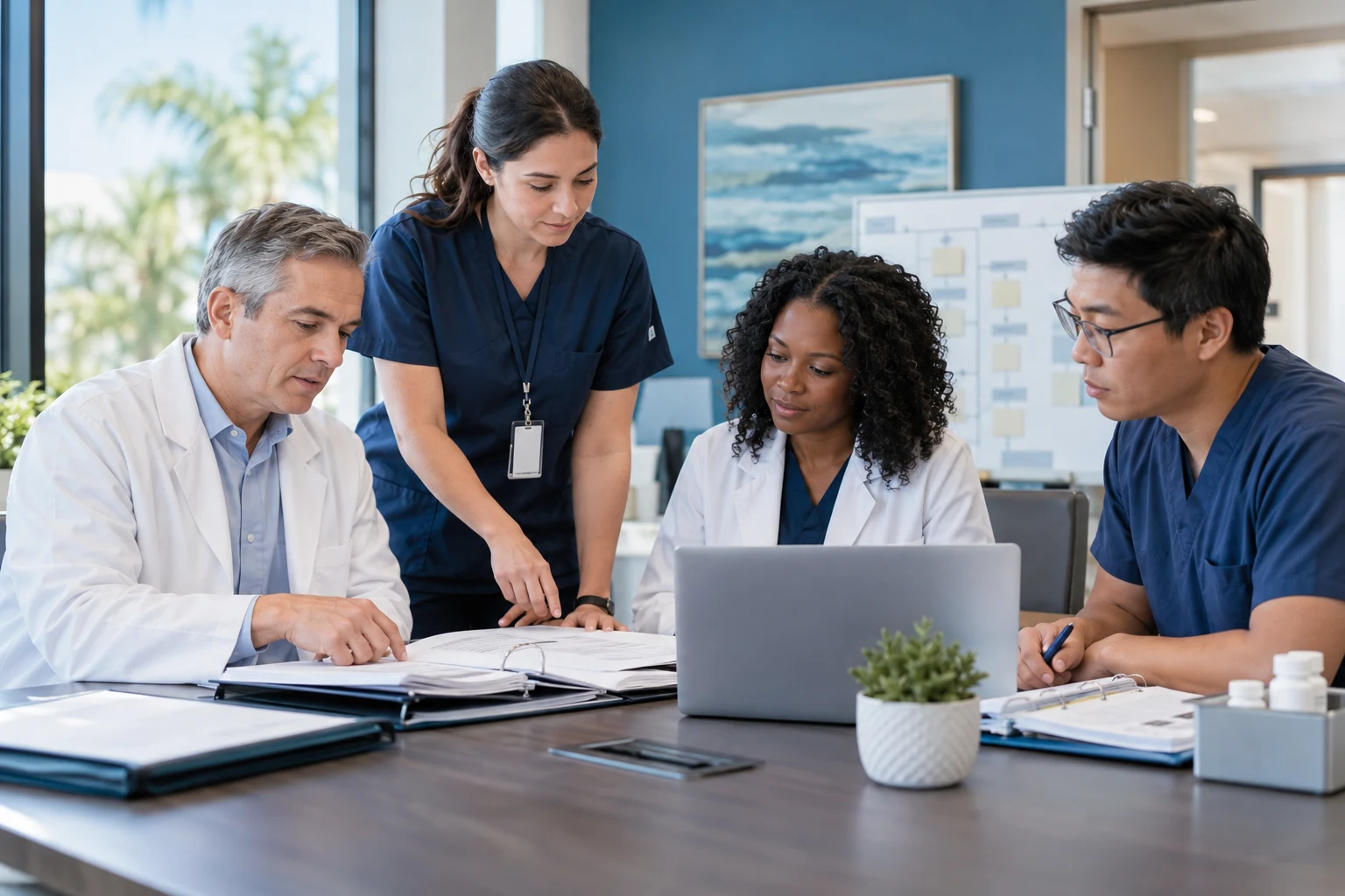 Clinical research coordinators reviewing an adaptive trial workflow in a modern research site conference room