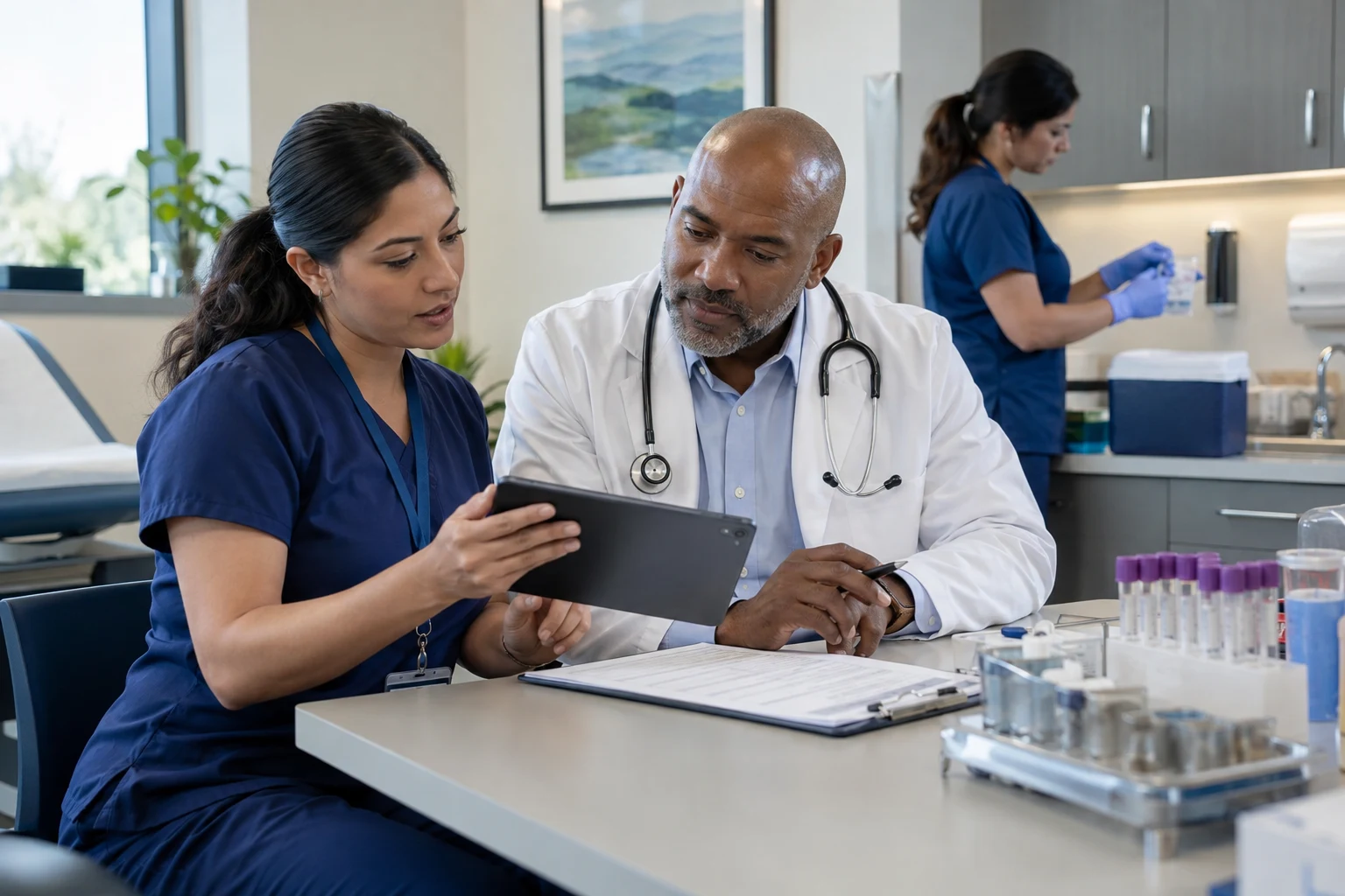 Research coordinator and community physician reviewing a clinical trial workflow together in a modern clinic
