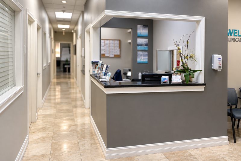 Recepción y pasillo en las instalaciones de WCR en Miami Lakes