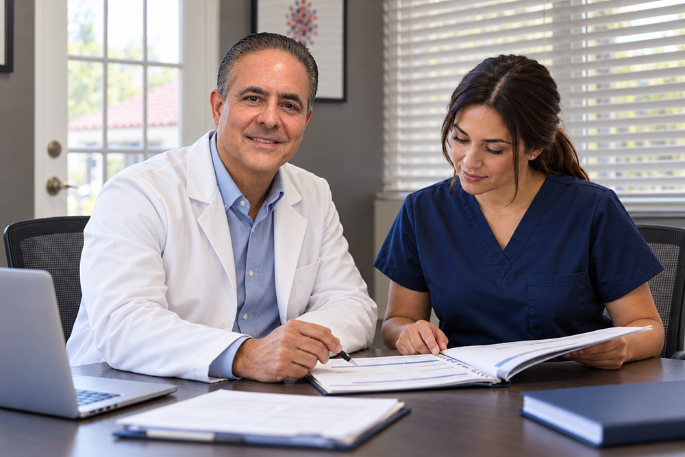 Clinical professionals reviewing a study plan together