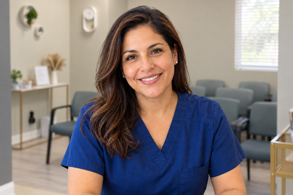 A clinician offering a warm welcome in a medical office