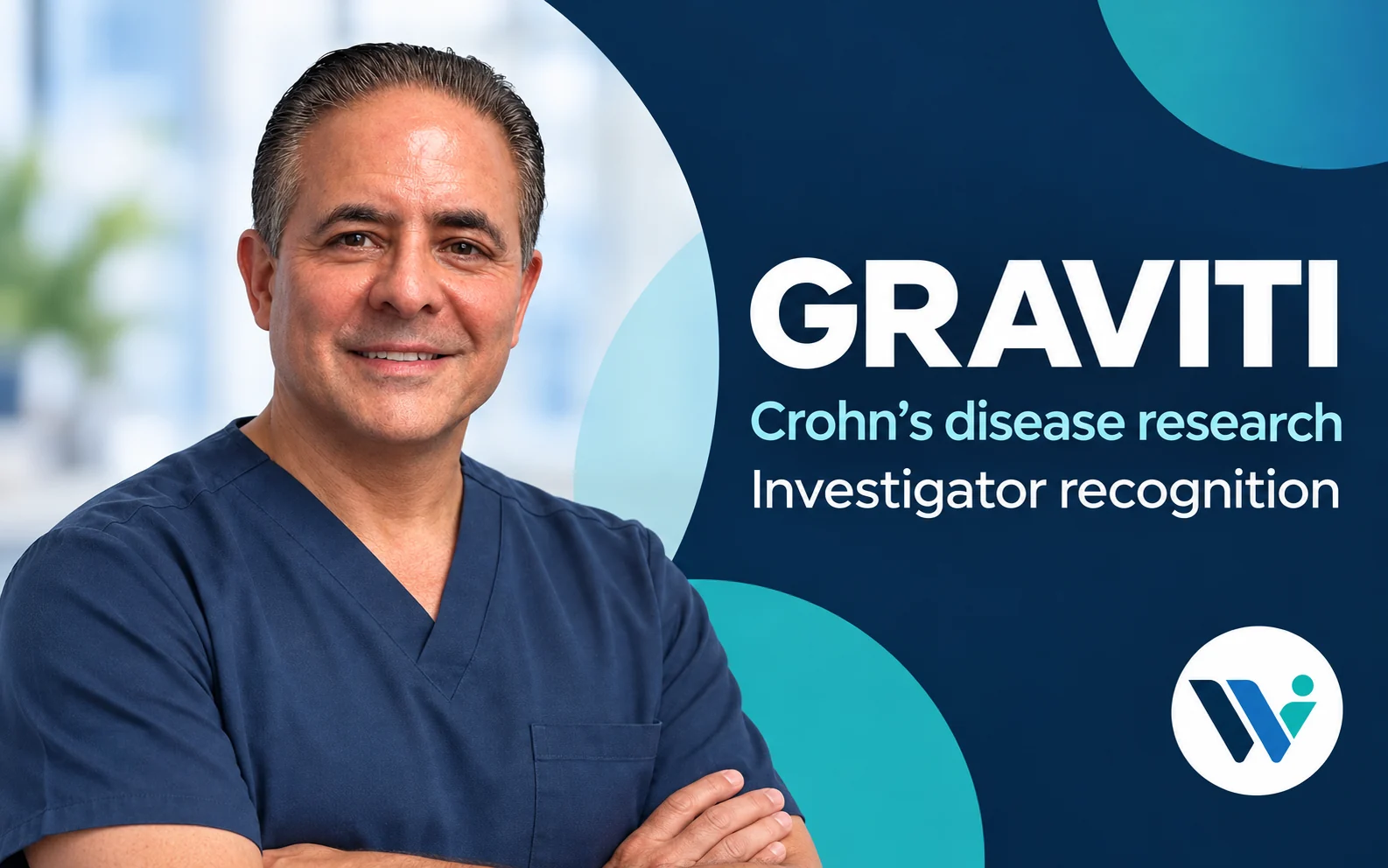 Dr. Lucky Flores in a WCR editorial portrait graphic recognizing his GRAVITI study investigator contribution