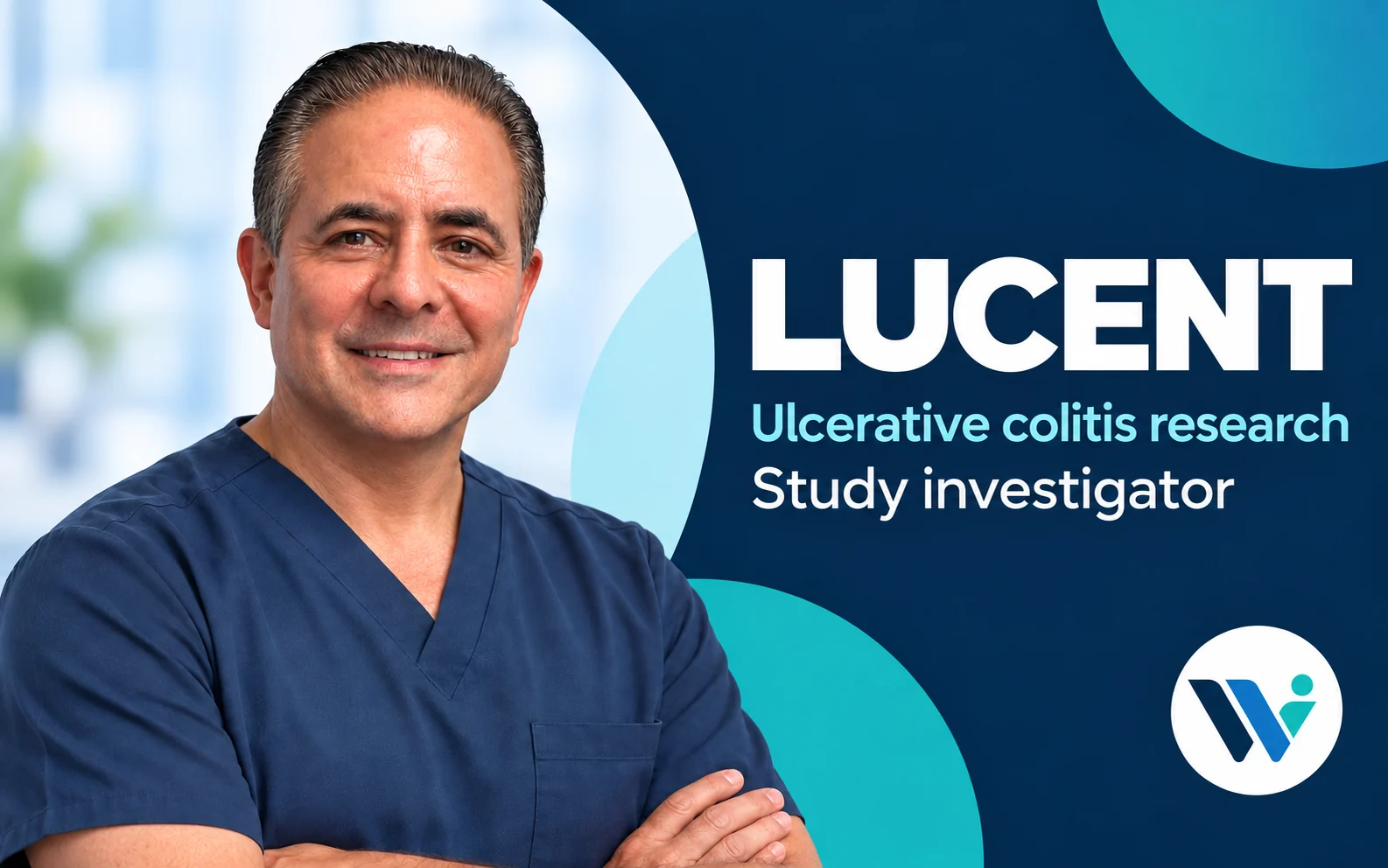 Dr. Lucky Flores in a WCR editorial portrait graphic recognizing his LUCENT study investigator contribution